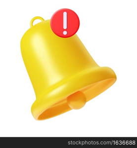 3d render Yellow notification bell icon with new urgent message isolated on white background. Social media notice event reminder. concept of notification message. Vector illustration. 3d notification bell icon