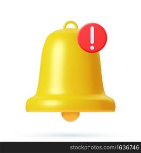 3d render Yellow notification bell icon with new urgent message isolated on white background. Social media notice event reminder. concept of notification message. Vector illustration. 3d notification bell icon