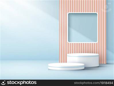 3D rendering modern white cylinder podium with window backdrop light and shadow in soft blue minimal wall scene background. You can use for product display, presentation, etc. Vector illustration