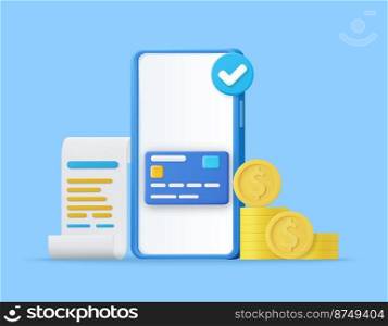 3D rendering payment via credit card concept. 3D Online mobile payment concept and mobile banking transaction. Vector illustration. 3D Online mobile payment