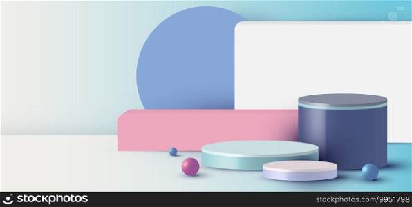 3D rendering with podium cylinder, sphere, rectangle abstract minimal scene with geometric platform on blue background. Stand to show cosmetic products. Stage showcase on pedestal modern 3D studio pastel
