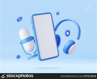 3D Retro Microphone and Headphone and Smart Phone. 3d rendering. Vector illustration. 3D Retro Microphone and Headphone and Smart Phone