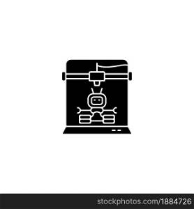 3d robots printing black glyph icon. Robotic additive manufacturing. Innovative robot building process. Construction method. Silhouette symbol on white space. Vector isolated illustration. 3d robots printing black glyph icon