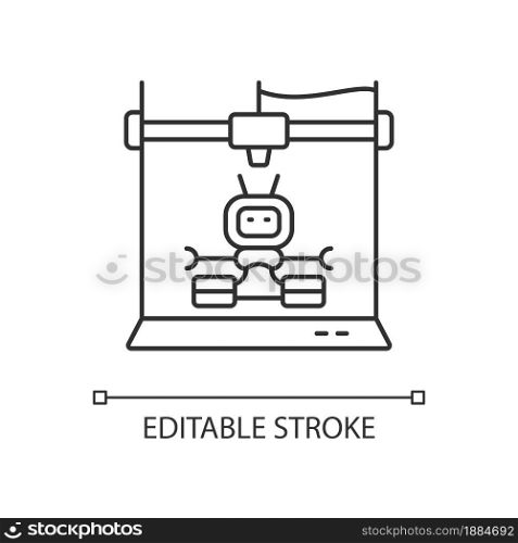 3d robots printing linear icon. Robotic additive manufacturing. Innovative robot building process. Thin line customizable illustration. Contour symbol. Vector isolated outline drawing. Editable stroke. 3d robots printing linear icon
