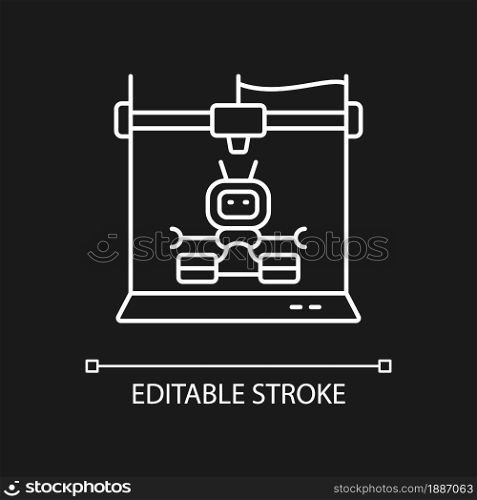 3d robots printing white linear icon for dark theme. Innovative robot building process. Thin line customizable illustration. Isolated vector contour symbol for night mode. Editable stroke. 3d robots printing white linear icon for dark theme