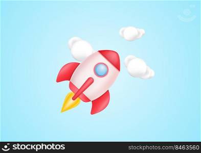 3d rocket with cloud. Concept start up business. Pastel background. Minimal cartoon icon. Vector illustration