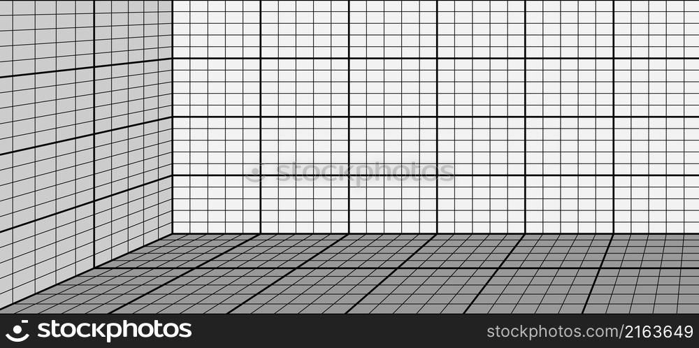 3d Room corner perspective grid. Interior wireframe grid lines, wall pattern. Virtual reality background, one point perspective view tiles. vector illustration