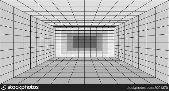 3d room corner with perspective grid. interior wireframe lines, virtual reality background, tech design, wall and floor tile grid withone point perspective view. Vector illustration