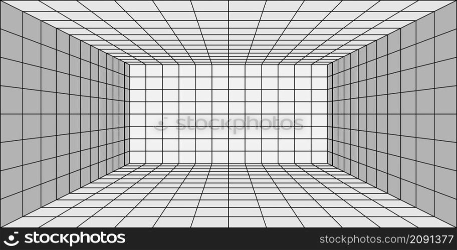 3d room corner with perspective grid. interior wireframe lines, virtual reality background, basic tile pattern for interior design, one point perspective view. Vector illustration