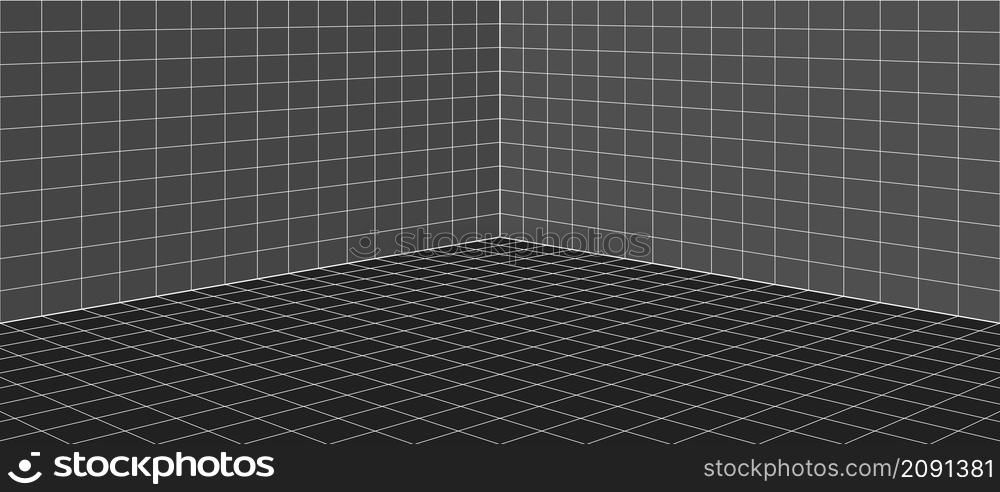 3d room corner with perspective grid. interior wireframe lines, virtual reality background, basic tile pattern for interior design. Vector illustration
