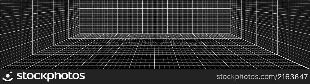 3D Room grid. Perspective grid lines, white on black, background for interior design, virtual reality wireframe, walls and floor tiles. One point perspective view. Vector illustration