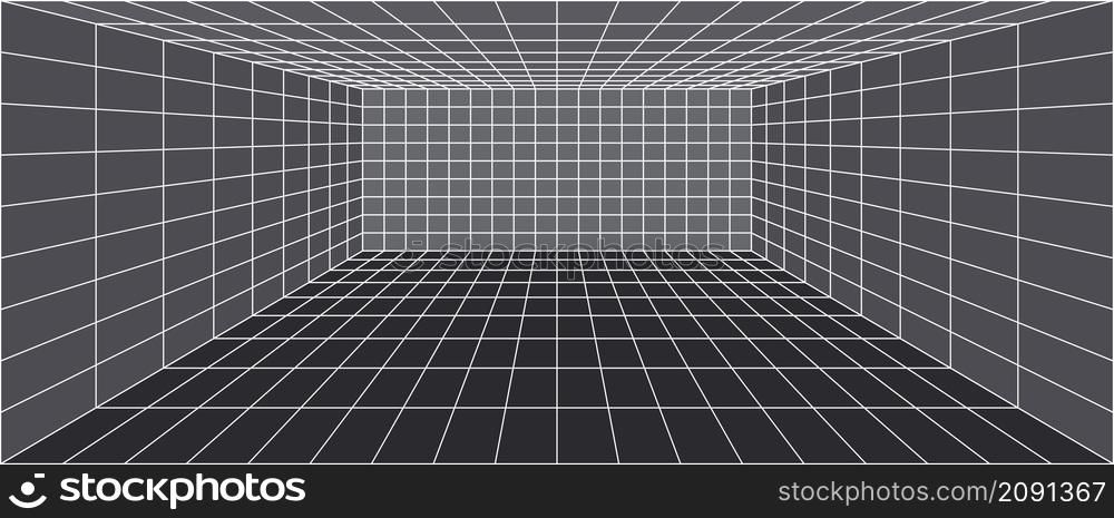3d room perspective grid Background for interior design, virtual reality wireframe , walls, floor and ceiling tile grid lines. Vector illustration