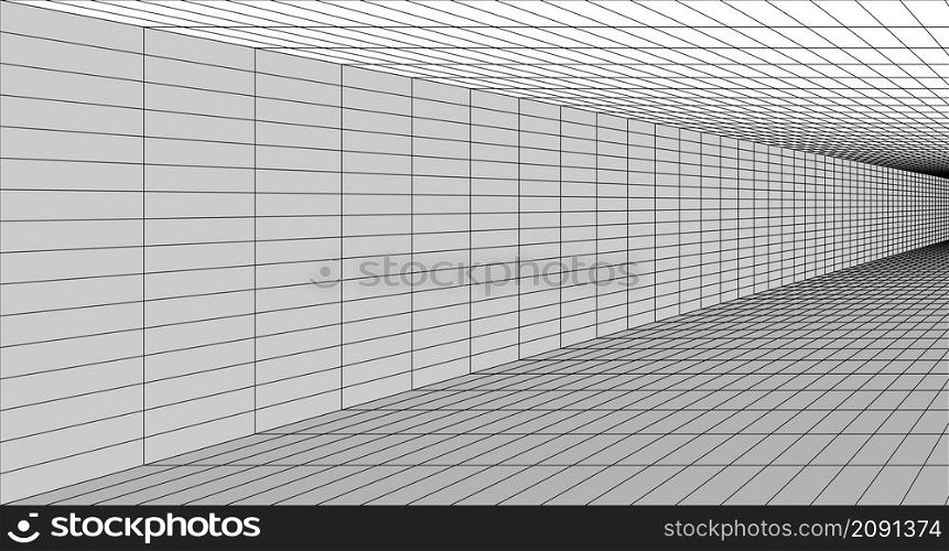 3D Room perspective view, grid lines wireframe. Virtual reality or game background, hallway, corridor or tunnel. walls and floor tiled simple pattern. Vector illustration