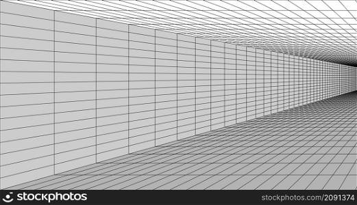 3D Room perspective view, grid lines wireframe. Virtual reality or game background, hallway, corridor or tunnel. walls and floor tiled simple pattern. Vector illustration