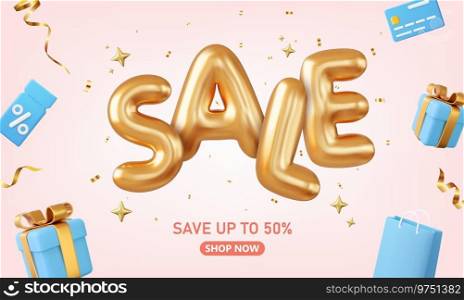 3d sale banner. sale word balloon with credit card, shopping bags, gift box, price tag and confetti elements flying around. 3d rendering. Vector illustration. 3d sale banner