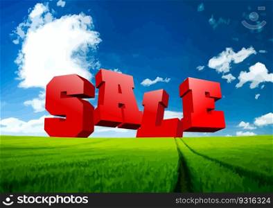 3d Sale image on abstract background with sky and field. Color vector illustration