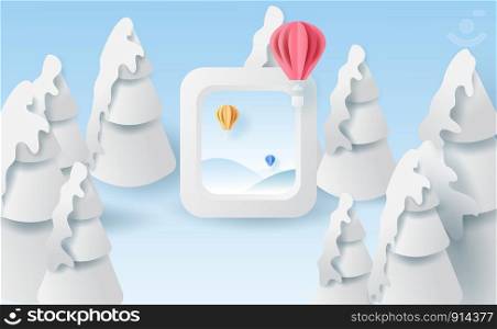 3D Scenery balloons fly air on holidays blue sky background with winter snowflakes season forest.Creative minimal paper cut and craft of Airplane window view concept idea.vector illustration EPS10