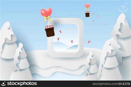 3D Scenery Merry Christmas and New Year on holidays balloon heart fly gift box with winter snow season.Creative minimal paper cut and craft for window airplane high view concept.vector.illustration.