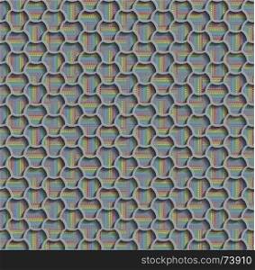 3d Seamless Web Hexagon Pattern. Gray Tile Surface Rainbow Dots Of Different Sizes On The Bottom Layer. Frame Border Wallpaper. Elegant Repeating Vector Ornament