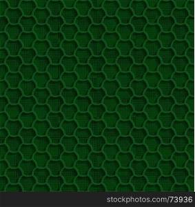 3d Seamless Web Hexagon Pattern. Green Tile Surface Black Dots Of Different Sizes On The Bottom Layer. Frame Border Wallpaper. Elegant Repeating Vector Ornament