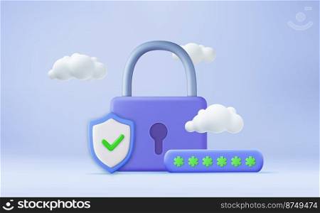 3d security shield lock check mark and cloud. cyber protection. 3d rendering. Password protected icon for mobile applications and website concept. Vector illustration. 3d security shield lock check mark and cloud