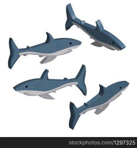 3D set of blue sharks isolated on white background
