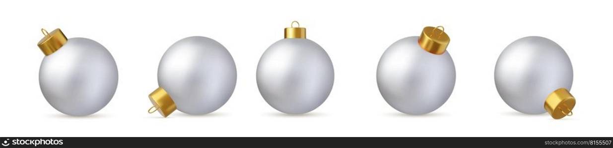 3d set of glass white Christmas ball Isolated on white background. New year toy decoration. Holiday decoration element. 3d rendering. Vector illustration. white Christmas ball