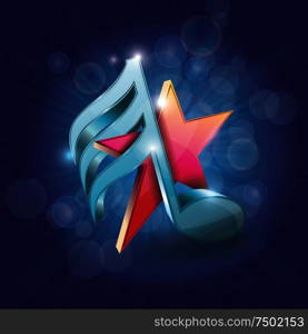 3D shiny colorful musical note with star on abstract background, vector.