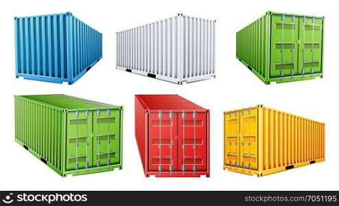 3D Shipping Cargo Container Set Vector. Blue, Red, Green, White, Yellow. Freight Shipping Container Concept. Logistics, Transportation. Isolated On White Background Illustration. 3D Cargo Container Vector. Classic Cargo Container. Freight Shipping Concept. Logistics, Transportation Mock Up. Isolated On White Background Illustration