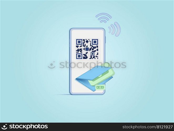 3d smartphone dollar bill and barcode concept on soft blue pastel background. Shopping online, sale, promotion, discount. Minimal cartoon icon. Vector illustration