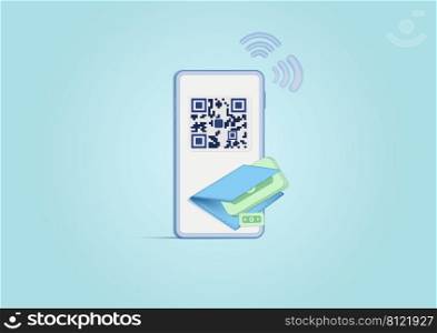 3d smartphone dollar bill and barcode concept on soft blue pastel background. Shopping online, sale, promotion, discount. Minimal cartoon icon. Vector illustration