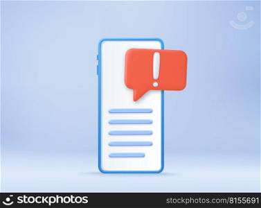 3d Smartphone wit exclamation point icon. Spam message sign business concept. Alert message mobile notification. 3d rendering. Vector illustration. 3d Smartphone with exclamation point