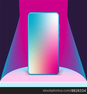 3d smartphone with empty screen for mockup mobile concept. Showcase cellphone frame display minimal scene with device phone. Mobile phone on pedestal neon holographic background. Vector illustration