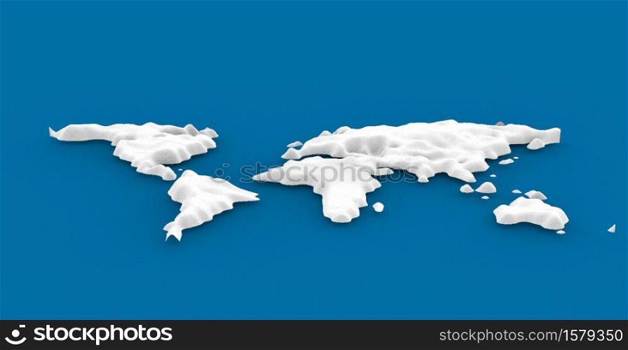 3d Snow world map. Cosmetic foam or cream or slime in the shape of a world map. Vector illustration on dark blue background