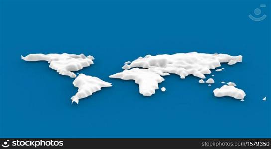 3d Snow world map. Cosmetic foam or cream or slime in the shape of a world map. Vector illustration on dark blue background
