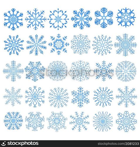 3D snowflakes. Winter snowflake crystals, christmas snow shapes and frosted cool blue icon, cold xmas season frost snowfall decoration. Vector isolated symbol set
