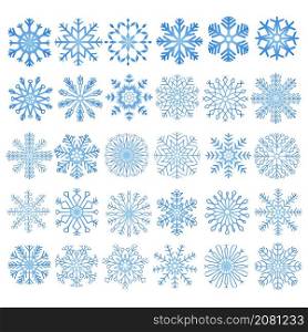 3D snowflakes. Winter snowflake crystals, christmas snow shapes and frosted cool blue icon, cold xmas season frost snowfall decoration. Vector isolated symbol set