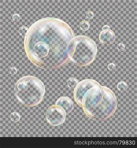 3D Soap Bubbles Transparent Vector. Sphere Ball. Water And Foam Design. Isolated Illustration. Realistic Soap Bubbles Vector. Rainbow Reflection. Aqua Wash. Isolated Illustration
