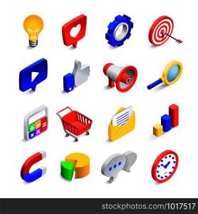 3d social marketing icons. Isometric web seo likes sign, business mail network and website search button integrated communication interactive search targets vector isolated icon collection. 3d social marketing icons. Isometric web seo likes sign, business mail network and website search button vector icon collection