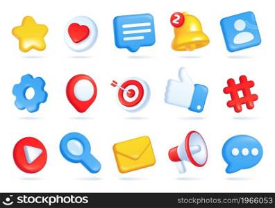 3d social media icons, online communication, digital marketing symbols. Like button, speech bubble, notification bell, hashtag icon vector set. Elements for networking sites, applications