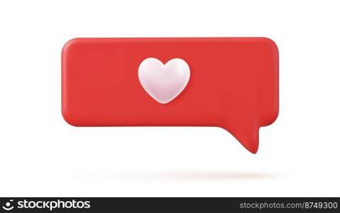 3d social media notification love like heart icon in red rounded square pin isolated on white background with shadow 3D rendering. Vector illustration. 3d social media notification