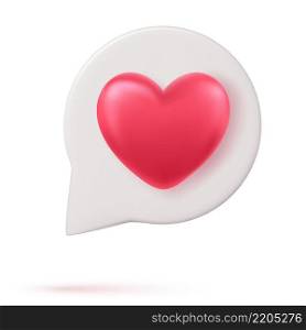 3d social media notification love like heart icon in white pin isolated on white background with shadow 3D rendering. Vector illustration. 3d social media notification