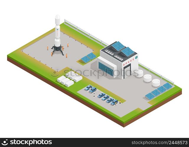 3d space isometric composition the layout of the building, dealing with service and construction of rocket vector illustration. Space Isometric Composition