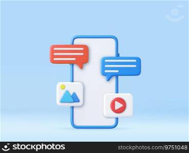 3D speech bubble icon with video and photo gallery on mobile phone. Online social communication applications concept. 3d rendering. Vector illustration. 3D speech bubble icon with video and photo gallery