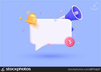 3D Speech bubble message with Megaphone and Bell notification. Subscribe and newsletter concept. Banner template with empty copy space for promotion. Blank Mockup. Reminder popup. 3D Vector illustration