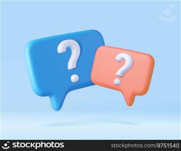 3d Speech bubble with question mark icon. FAQ, support, help concept. Have a question, question answer sign or problem. 3d rendering. Vector illustration. 3d Speech bubble with question mark.