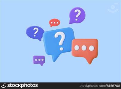 3d Speech bubble with question mark icon. Message box with question sign. FAQ symbol concept. 3d rendering. Vector illustration. 3d Speech bubble with question mark.