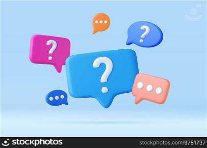 3d Speech bubble with question mark icon. Message box with question sign. FAQ symbol concept. 3d rendering. Vector illustration. 3d Speech bubble with question mark.