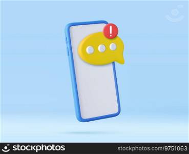 3D speech bubbles on mobile phone with alert notice. user reply sign false, correct, problem, fail chat message on social media. 3d rendering. Vector illustration. 3D speech bubbles on mobile phone