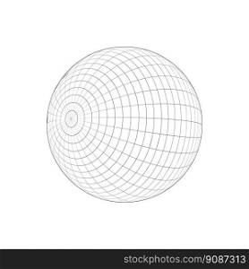 3D sphere wireframe. Orbit model, spherical shape, grid ball. Earth globe figure with longitude and latitude, parallel and meridian lines isolated on white background. Vector outline illustration. 3D sphere wireframe. Orbit model, spherical shape, grid ball. Earth globe figure with longitude and latitude, parallel and meridian lines isolated on white background